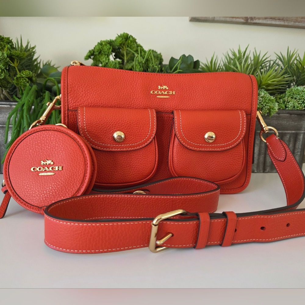 Coach Pennie Crossbody Bag With Coin Purse Mango Red Pebbled Leather-NWOT - Picture 2 of 14